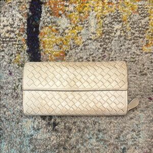Bottega Cream Leather Woven Wallet